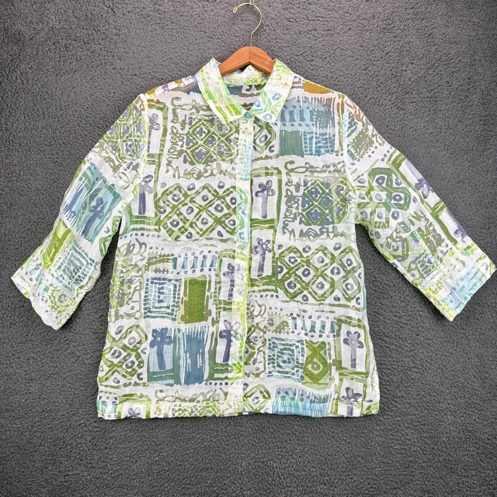 Unbranded Sheer Abstract Geometric Print Button Down Shirt Green 3/4 Sleeve